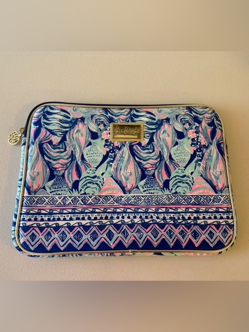 Lilly Pulitzer Blue Pink Patterned Laptop Sleeve with Gold Logo